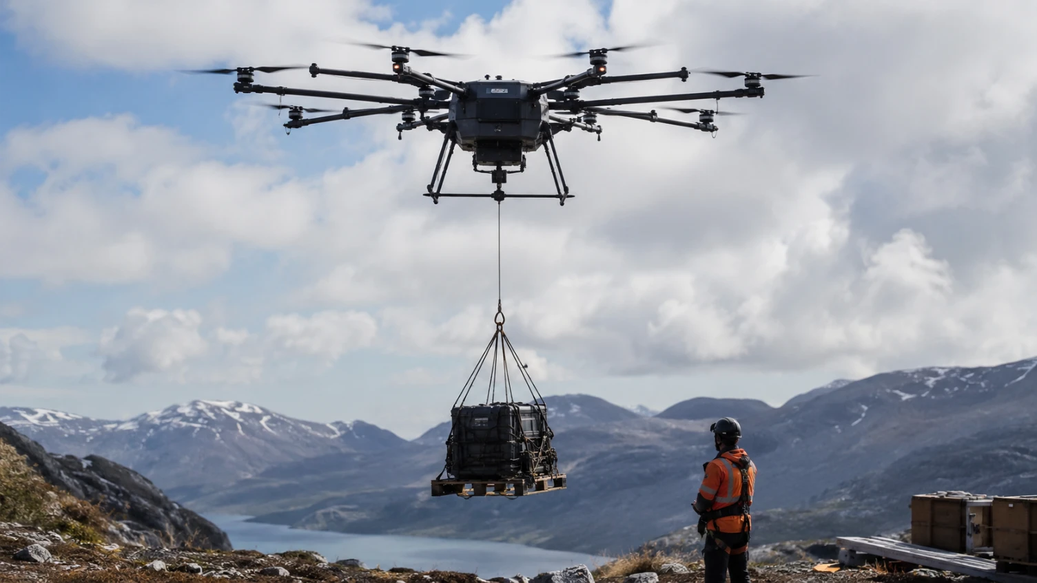 Dron de carga pesada con carga suspendida