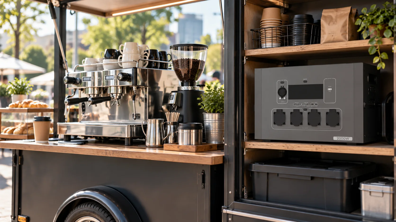 Carro de café ilustrativo con estación de energía portátil en una zona seca para el personal